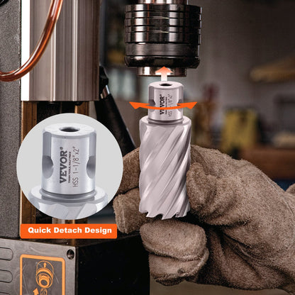 Ringformigt skärset, 6 st universalskaft Mag-borr, 2" skärdjup, 1" till 2" skärdiameter, M2AL höghastighetsstål, med 2 pilotstift och bärbart fodral, för användning med magnetiska borrar