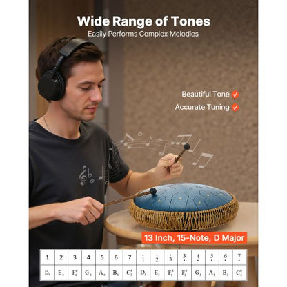 ståltungtrumma, 33 cm 15-noters regntrumma för utomhusträdgård, C-dur musiktrummor med notbok och klubbor, slagverksinstrument för meditation, yoga, nybörjare, musikalisk utbildning, marinblå |  EU