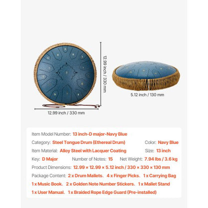 ståltungtrumma, 33 cm 15-noters regntrumma för utomhusträdgård, C-dur musiktrummor med notbok och klubbor, slagverksinstrument för meditation, yoga, nybörjare, musikalisk utbildning, marinblå |  EU