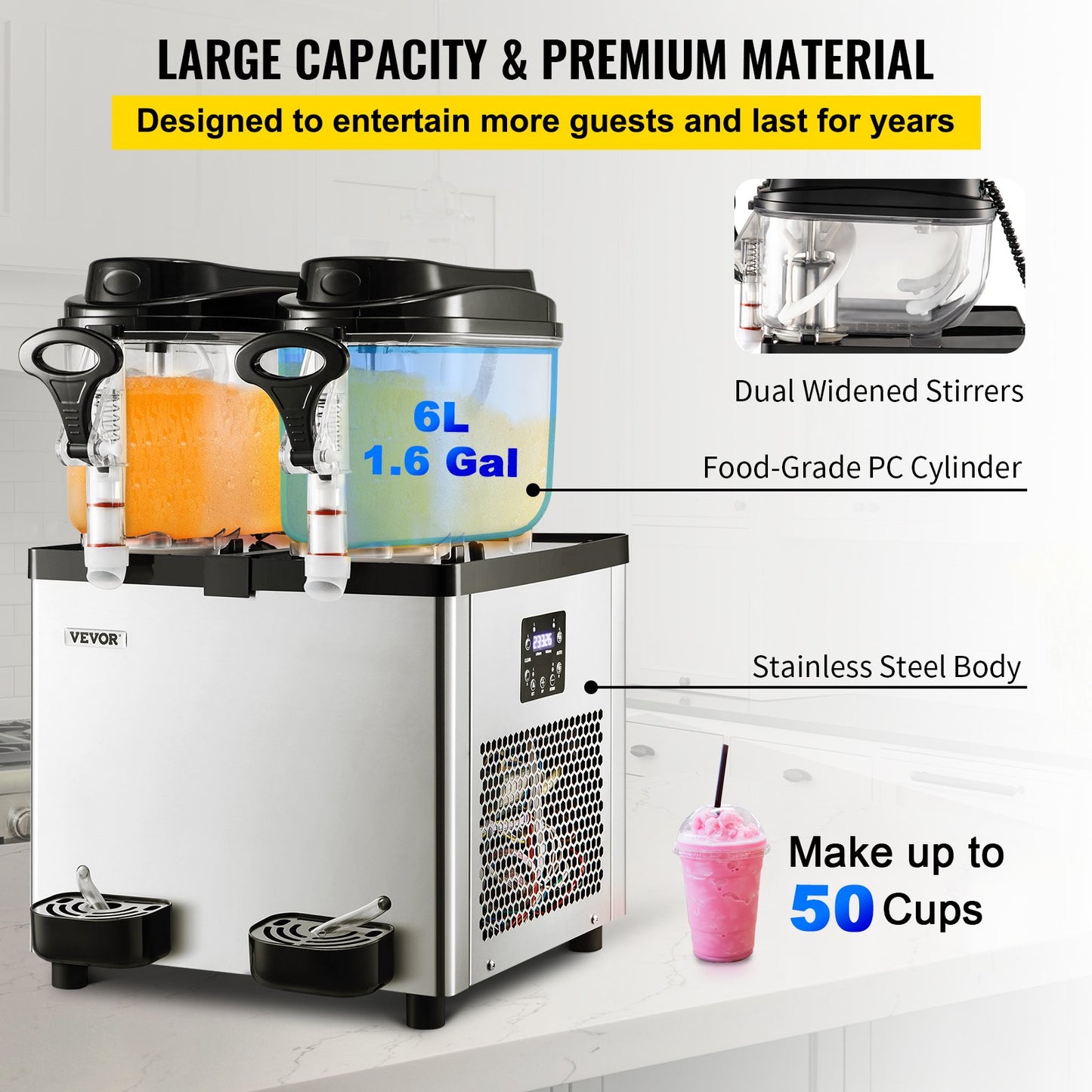 Commercial Slushy Machine, 6 L x 2 Tanks 50 Cups Margarita Machine, 700W 110V Stainless Steel Smoothie Frozen Drink Maker, Perfect for Supermarkets Cafes Restaurants Bars and Home Use, Silver