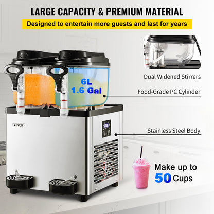 Commercial Slushy Machine, 6 L x 2 Tanks 50 Cups Margarita Machine, 700W 110V Stainless Steel Smoothie Frozen Drink Maker, Perfect for Supermarkets Cafes Restaurants Bars and Home Use, Silver