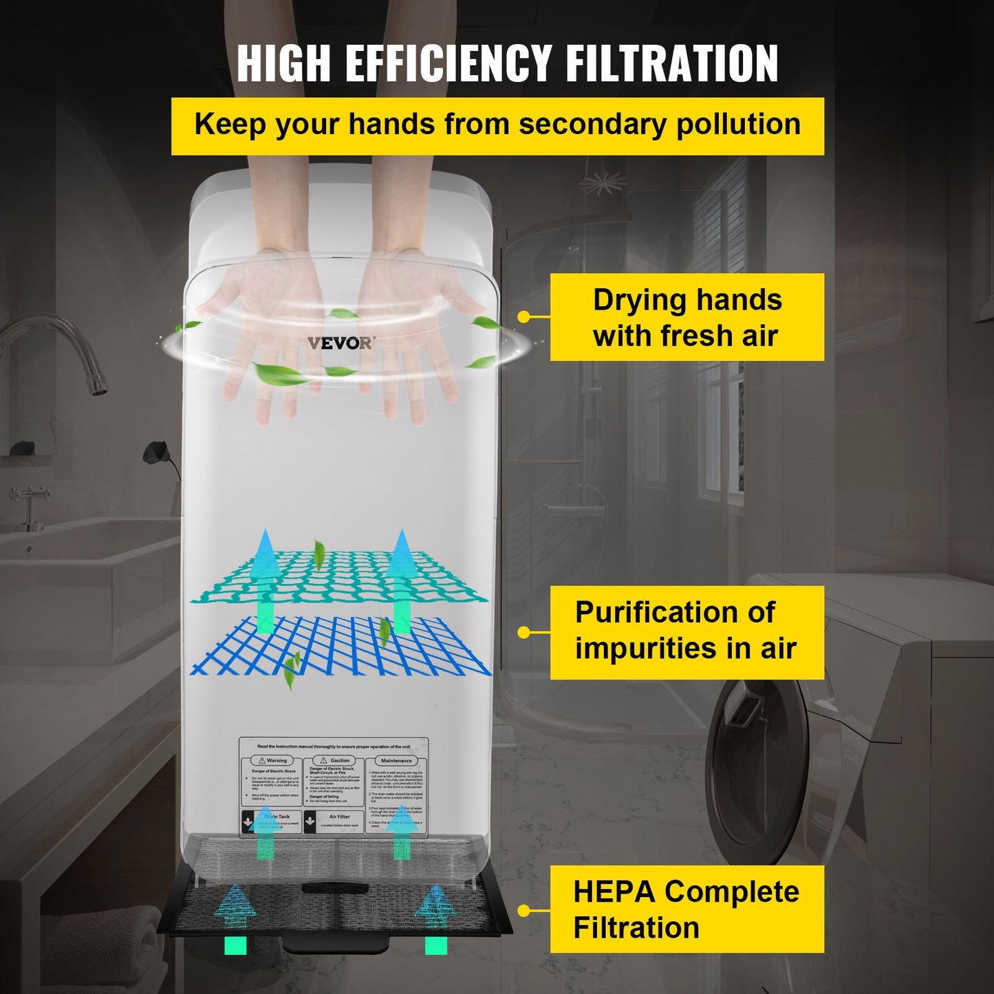 Jet Hand Dryer, Premium Electric Commercial Blade Hand Dryer, ABS Air Dryer Hand with HEPA Filtration Wall Mounted Hand Dryer, 2000W 220V Vertical Hand Dryer, High Speed Automatic Infrared White