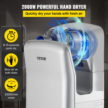 Jet Hand Dryer, Premium Electric Commercial Blade Hand Dryer, ABS Air Dryer Hand with HEPA Filtration Wall Mounted Hand Dryer, 2000W 220V Vertical Hand Dryer, High Speed Automatic Infrared Silver
