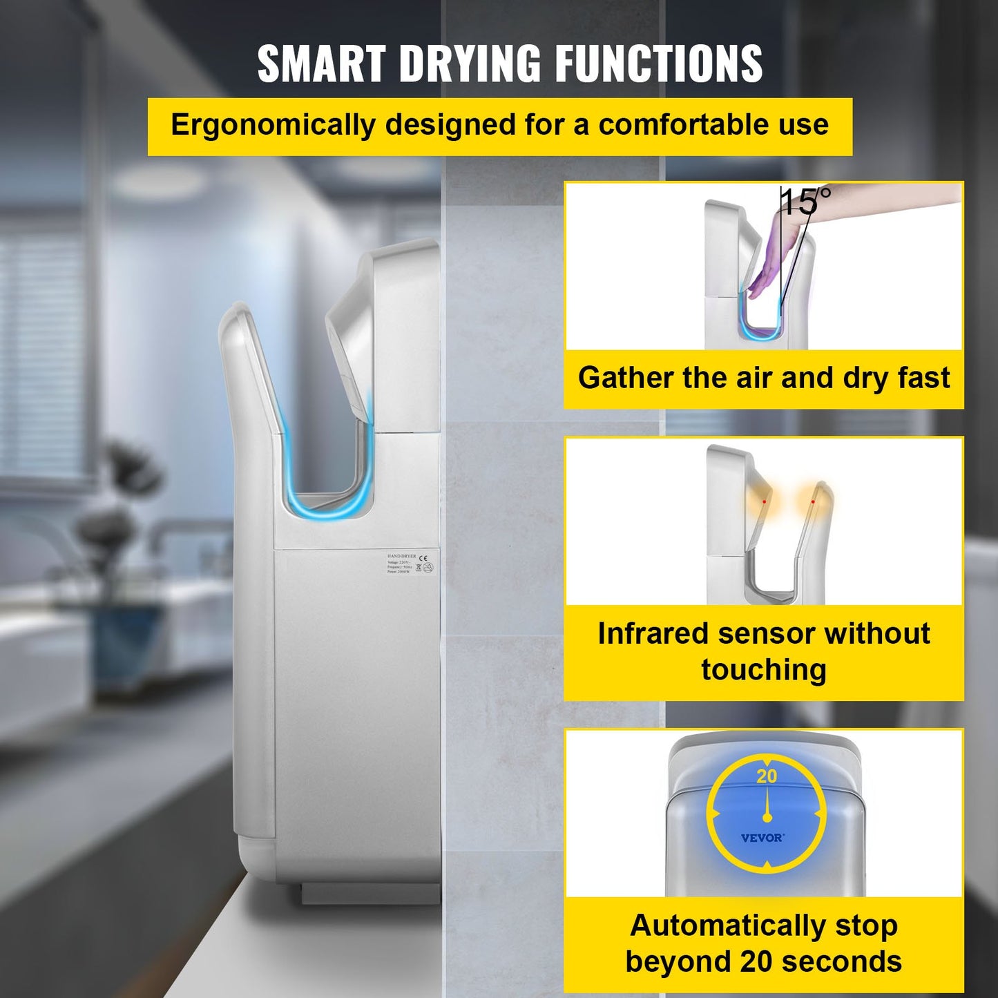 Jet Hand Dryer, Premium Electric Commercial Blade Hand Dryer, ABS Air Dryer Hand with HEPA Filtration Wall Mounted Hand Dryer, 2000W 220V Vertical Hand Dryer, High Speed Automatic Infrared Silver