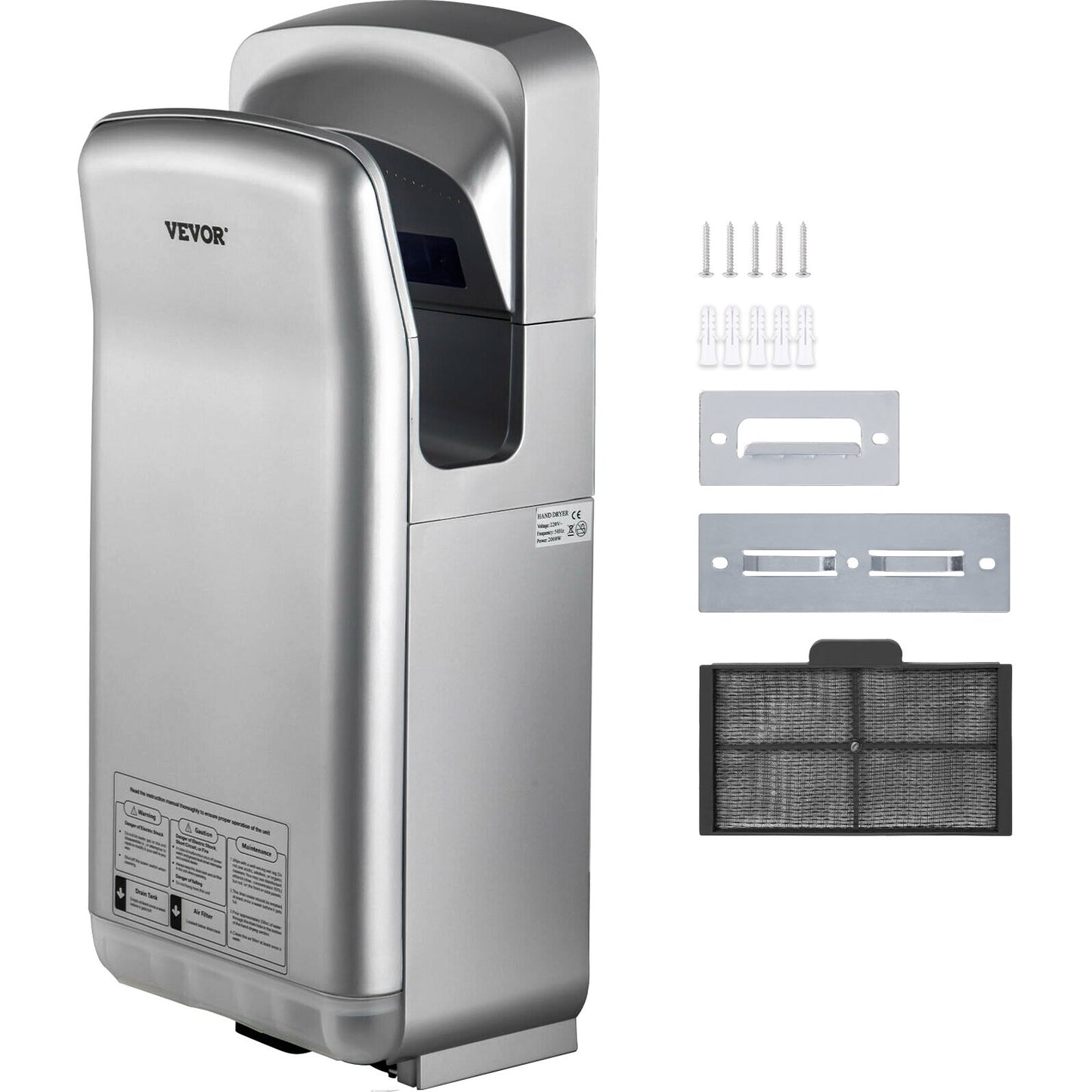 Jet Hand Dryer, Premium Electric Commercial Blade Hand Dryer, ABS Air Dryer Hand with HEPA Filtration Wall Mounted Hand Dryer, 2000W 220V Vertical Hand Dryer, High Speed Automatic Infrared Silver