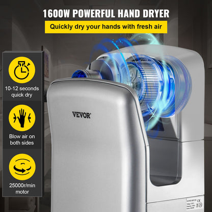 Jet Hand Dryer, Premium Electric Commercial Blade Hand Dryer, ABS Air Dryer Hand with HEPA Filtration Wall Mount Hand Dryer, 1600W 110V Vertical Hand Dryer, High-Speed Automatic Infrared Silver
