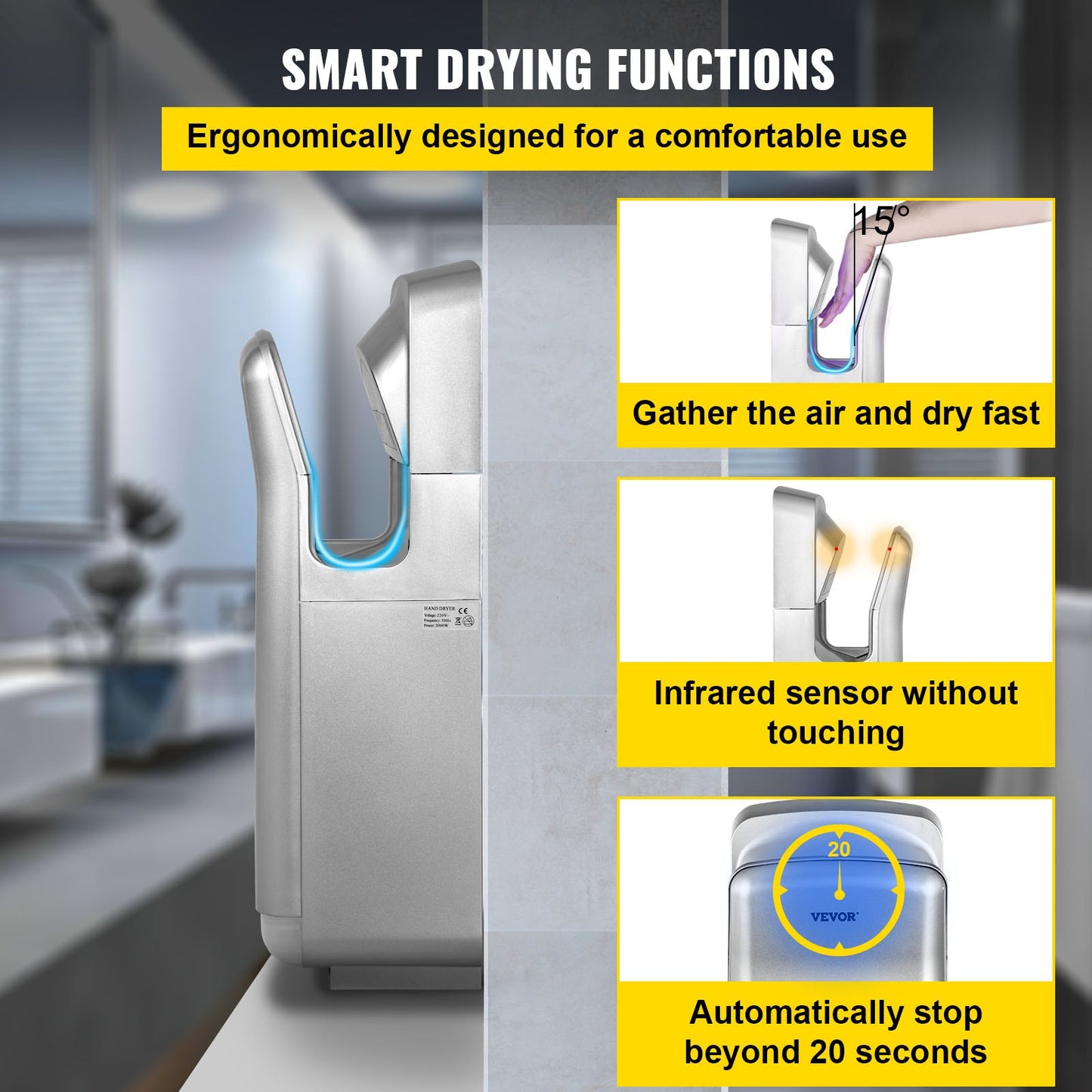 Jet Hand Dryer, Premium Electric Commercial Blade Hand Dryer, ABS Air Dryer Hand with HEPA Filtration Wall Mount Hand Dryer, 1600W 110V Vertical Hand Dryer, High-Speed Automatic Infrared Silver