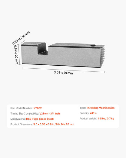 Threading Machine Dies, 1/2"-3/4" NPT Pipe Dies(4 Packs), Right-Handed HSS Pipe Threading Dies, Fit Integrated Pipe Threading Machines