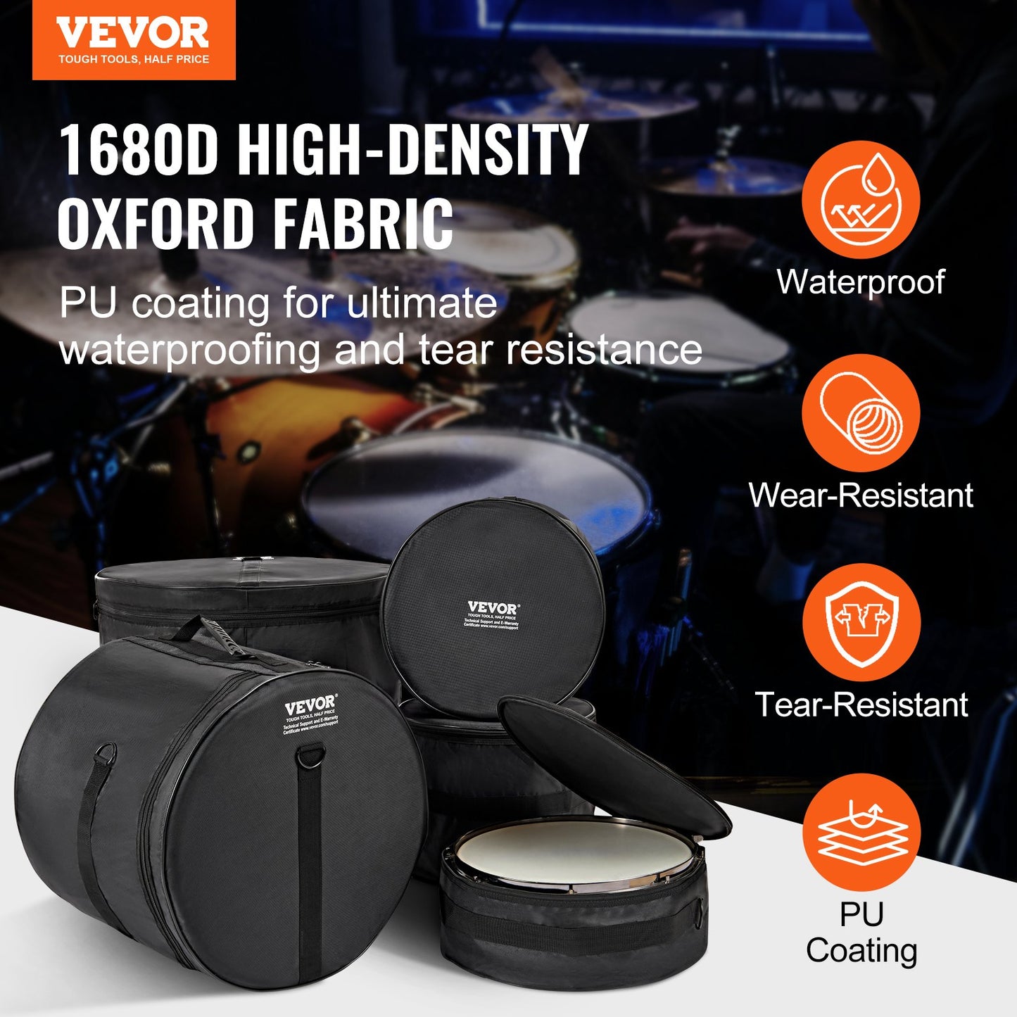 5-piece drum bag, 1680D Oxford fabric, padded drum bags and case with 4.92ft detachable shoulder strap Carrying handle Foldable design, for 22'' Kick 12'' Tom 13'' Tom 16'' Tom 14'' Snare