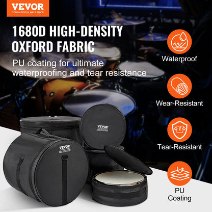 5-piece drum bag, 1680D Oxford fabric, padded drum bags and case with 4.92ft detachable shoulder strap Carrying handle Foldable design, for 22'' Kick 12'' Tom 13'' Tom 16'' Tom 14'' Snare