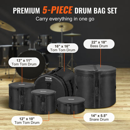 5-piece drum bag, 1680D Oxford fabric, padded drum bags and case with 4.92ft detachable shoulder strap Carrying handle Foldable design, for 22'' Kick 12'' Tom 13'' Tom 16'' Tom 14'' Snare