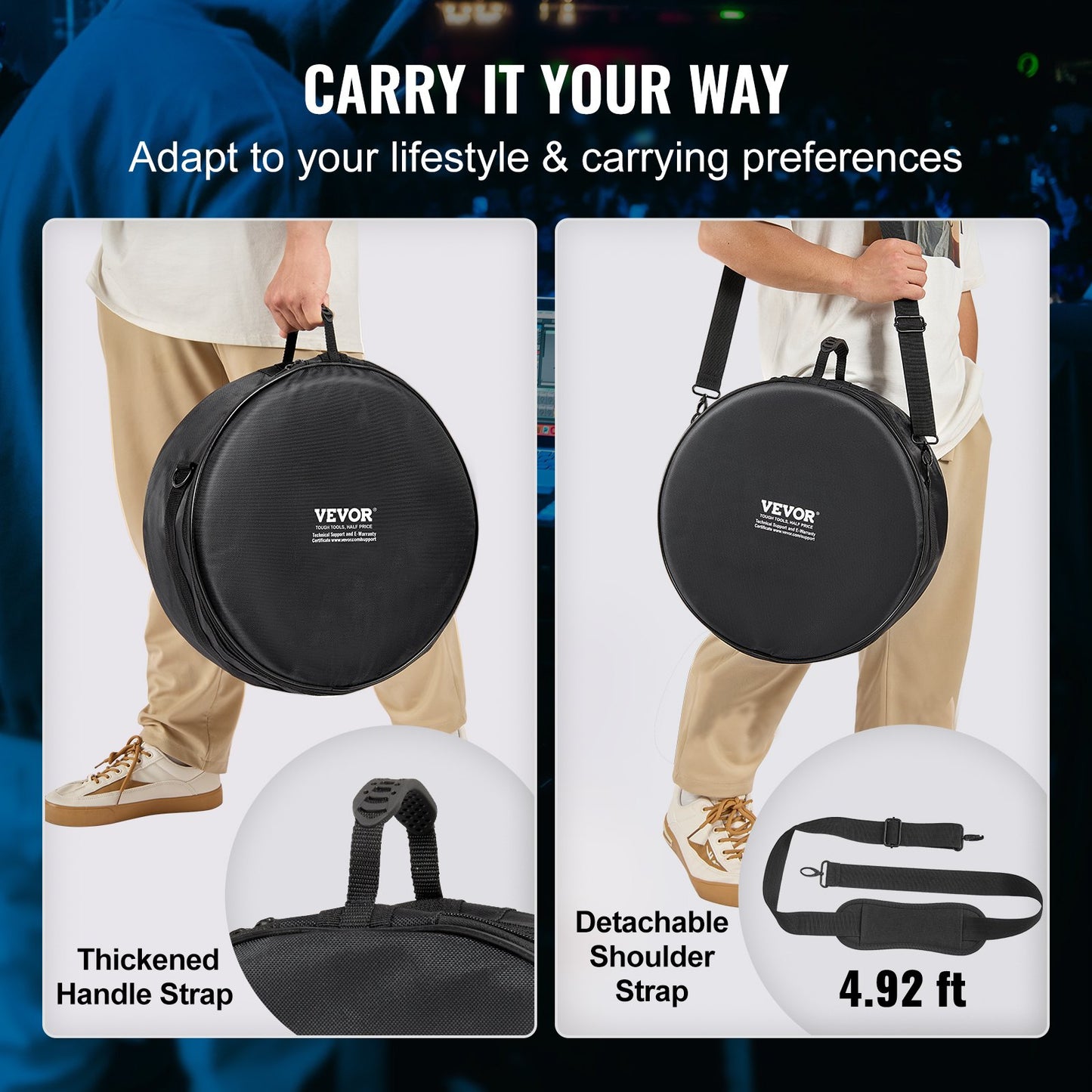 5-piece drum bag, 1680D Oxford fabric, padded drum bags and case with 4.92ft detachable shoulder strap Carrying handle Foldable design, for 22'' Kick 12'' Tom 13'' Tom 16'' Tom 14'' Snare