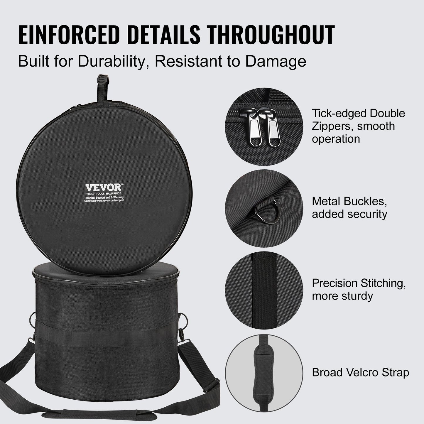 5-piece drum bag, 1680D Oxford fabric, padded drum bags and case with 4.92ft detachable shoulder strap Carrying handle Foldable design, for 22'' Kick 12'' Tom 13'' Tom 16'' Tom 14'' Snare