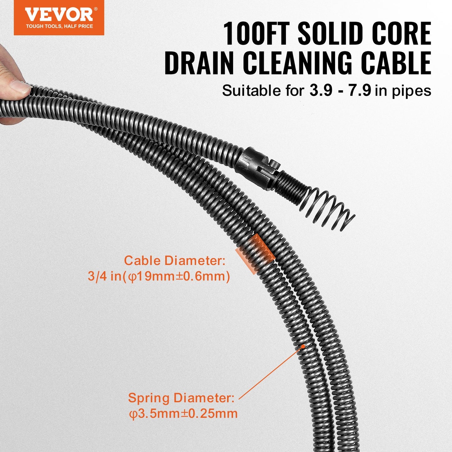 Drain Cleaning Cable 100 FT x 3/4 Inch, Solid Steel Core Drain Cleaning Cable with 4 Cutters for 3.9" to 7.9" Pipe, Professional Inner Core Drain Drain Drilling Cable for Sink, Floor Drain, Toilet