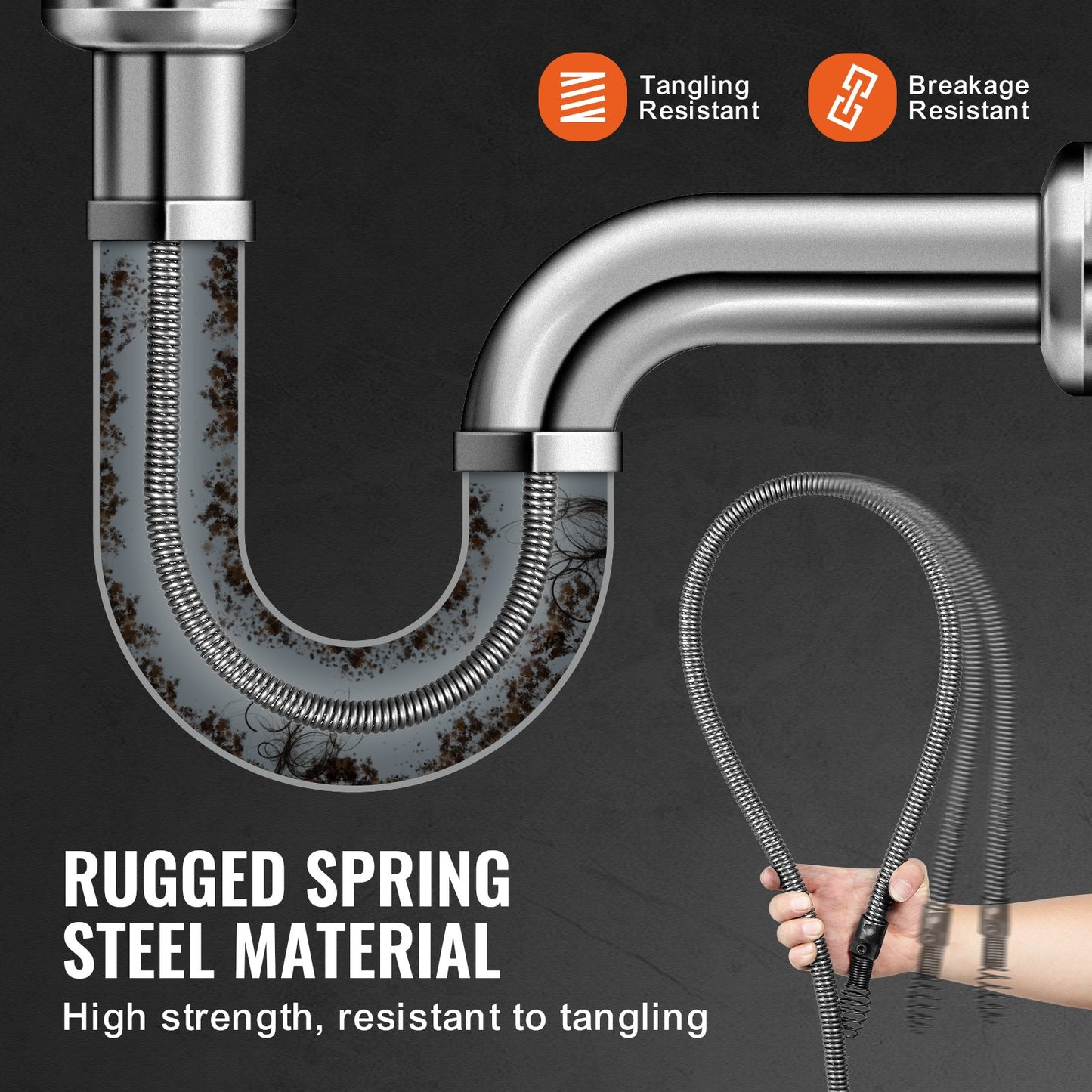 Drain Cleaning Cable 100 FT x 3/4 Inch, Solid Steel Core Drain Cleaning Cable with 4 Cutters for 3.9" to 7.9" Pipe, Professional Inner Core Drain Drain Drilling Cable for Sink, Floor Drain, Toilet