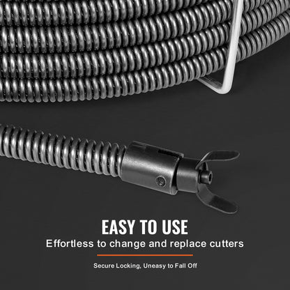 Drain Cleaning Cable 100 FT x 3/4 Inch, Solid Steel Core Drain Cleaning Cable with 4 Cutters for 3.9" to 7.9" Pipe, Professional Inner Core Drain Drain Drilling Cable for Sink, Floor Drain, Toilet