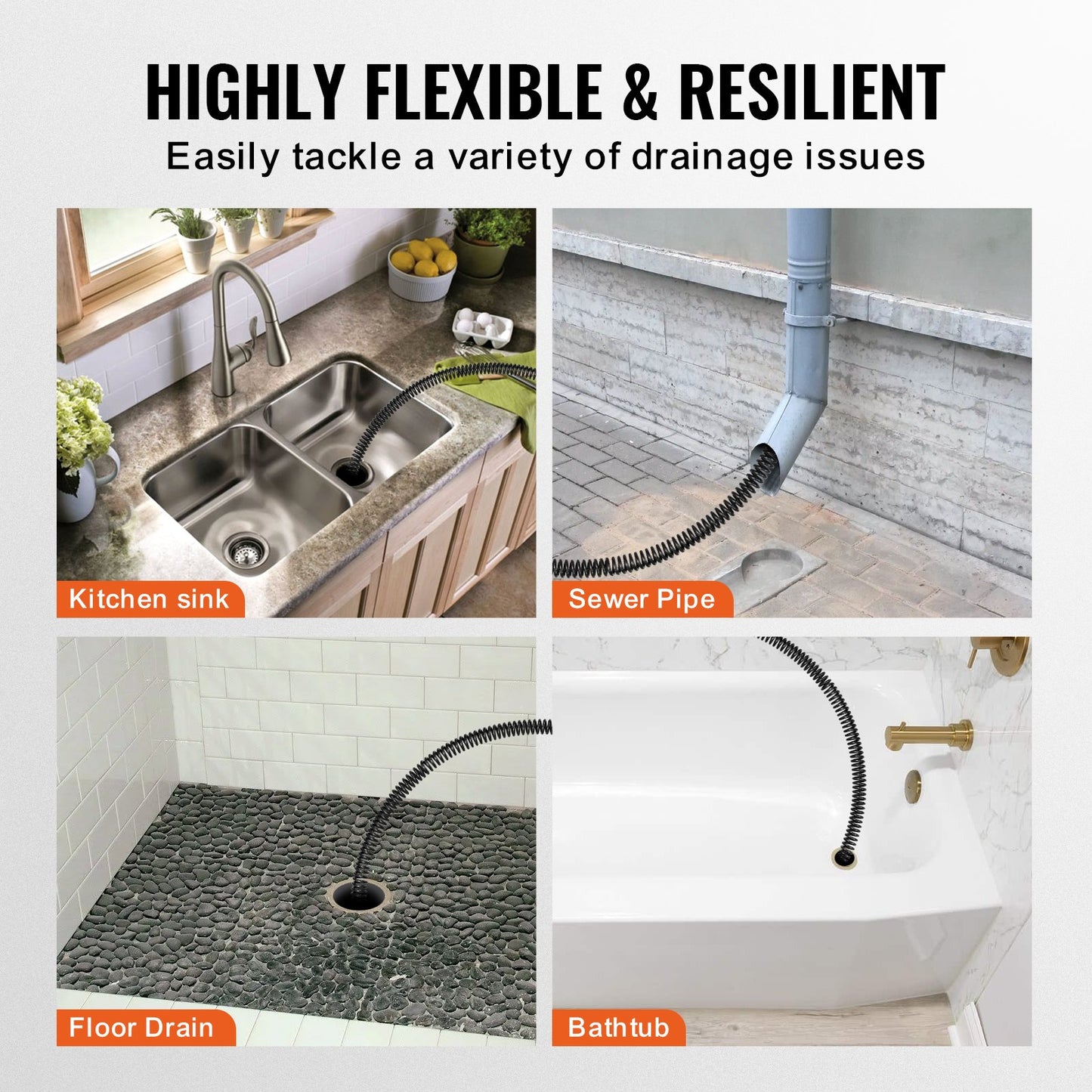 Drain Cleaning Cable 100 FT x 3/4 Inch, Solid Steel Core Drain Cleaning Cable with 4 Cutters for 3.9" to 7.9" Pipe, Professional Inner Core Drain Drain Drilling Cable for Sink, Floor Drain, Toilet