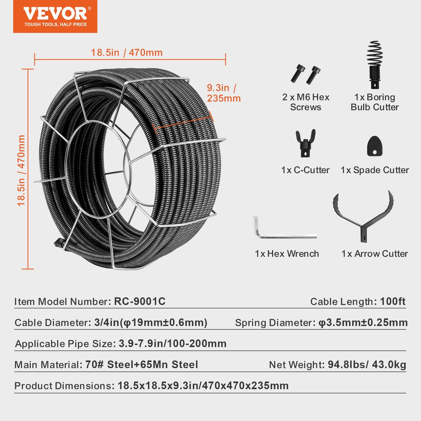 Drain Cleaning Cable 100 FT x 3/4 Inch, Solid Steel Core Drain Cleaning Cable with 4 Cutters for 3.9" to 7.9" Pipe, Professional Inner Core Drain Drain Drilling Cable for Sink, Floor Drain, Toilet