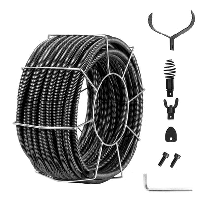 Drain Cleaning Cable 100 FT x 3/4 Inch, Solid Steel Core Drain Cleaning Cable with 4 Cutters for 3.9" to 7.9" Pipe, Professional Inner Core Drain Drain Drilling Cable for Sink, Floor Drain, Toilet