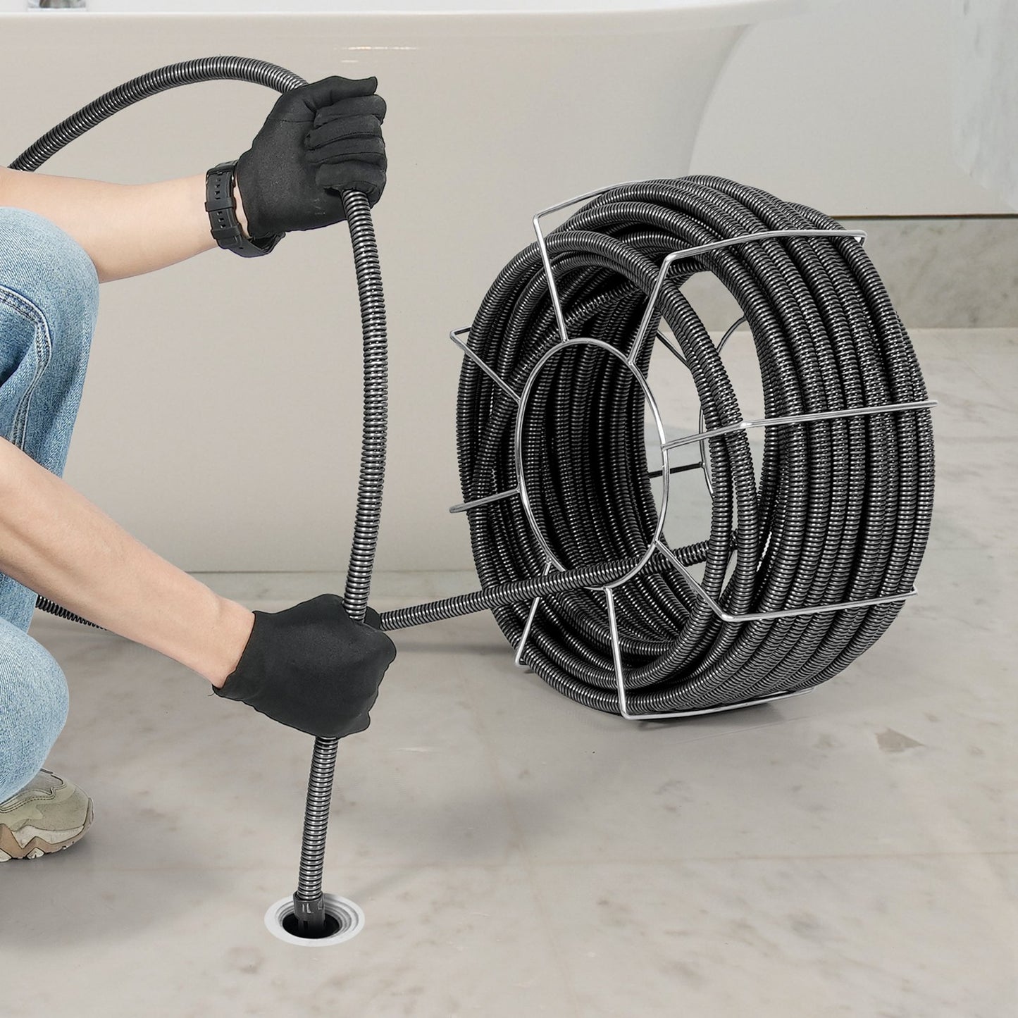 Drain Cleaning Cable 100 FT x 3/4 Inch, Solid Steel Core Drain Cleaning Cable with 4 Cutters for 3.9" to 7.9" Pipe, Professional Inner Core Drain Drain Drilling Cable for Sink, Floor Drain, Toilet