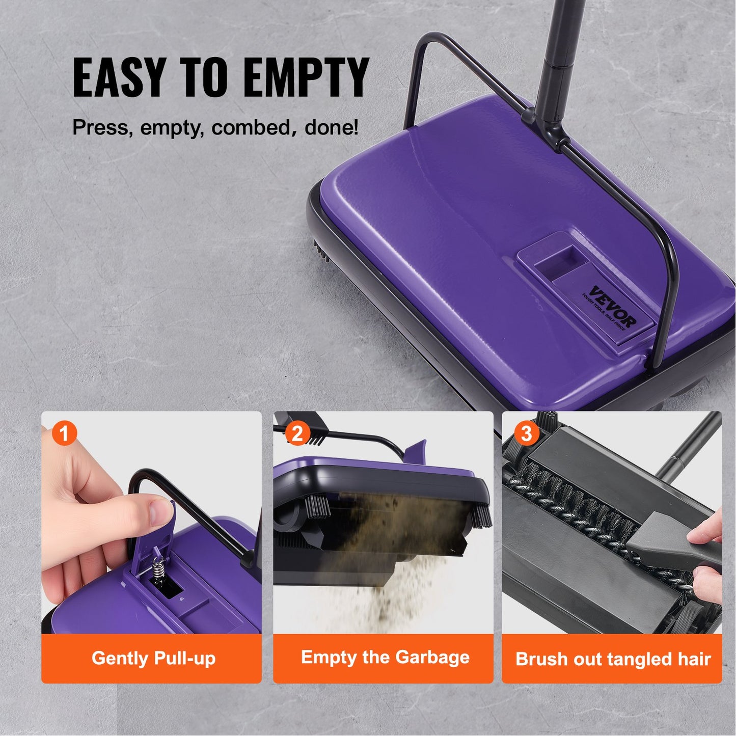 Carpet Sweeper Manual, Floor Sweeper with 300 ml Dustbin Capacity Easy to Empty, 6.7 inch Cleaning Width for Home Office Carpets Pet Hair Dust, Purple