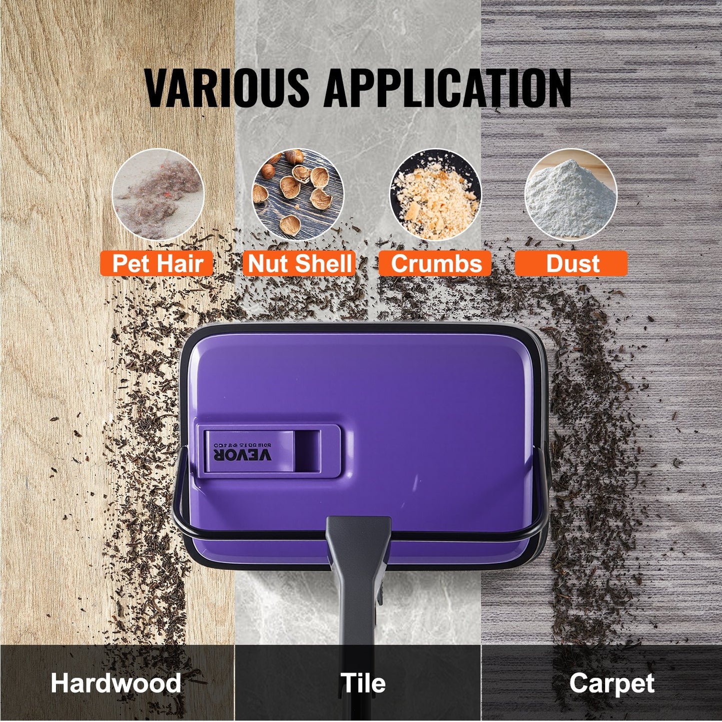 Carpet Sweeper Manual, Floor Sweeper with 300 ml Dustbin Capacity Easy to Empty, 6.7 inch Cleaning Width for Home Office Carpets Pet Hair Dust, Purple
