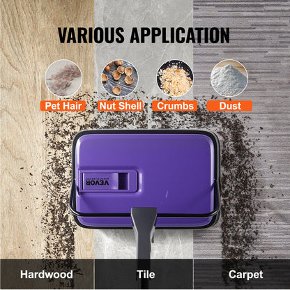 Carpet Sweeper Manual, Floor Sweeper with 300 ml Dustbin Capacity Easy to Empty, 6.7 inch Cleaning Width for Home Office Carpets Pet Hair Dust, Purple