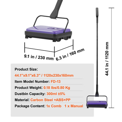 Carpet Sweeper Manual, Floor Sweeper with 300 ml Dustbin Capacity Easy to Empty, 6.7 inch Cleaning Width for Home Office Carpets Pet Hair Dust, Purple
