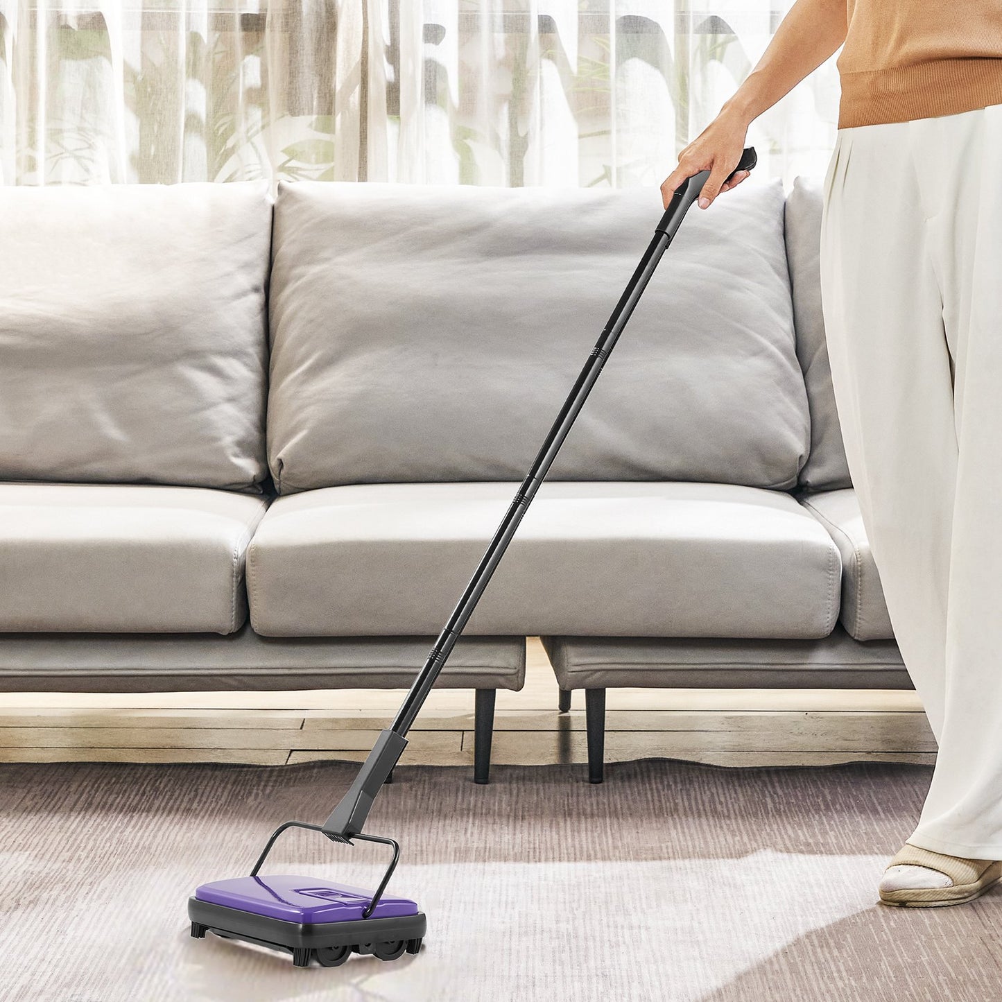 Carpet Sweeper Manual, Floor Sweeper with 300 ml Dustbin Capacity Easy to Empty, 6.7 inch Cleaning Width for Home Office Carpets Pet Hair Dust, Purple