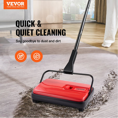 Carpet Sweeper Manual, Floor Sweeper with 300 ml Dustbin Capacity Easy to Empty, 6.7 inch Cleaning Width for Home Office Carpets Pet Hair Dust, Red