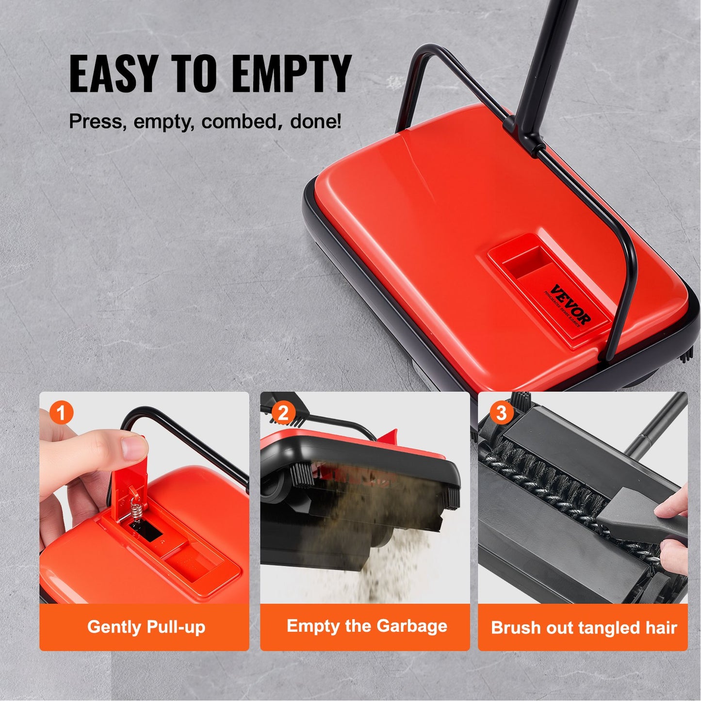Carpet Sweeper Manual, Floor Sweeper with 300 ml Dustbin Capacity Easy to Empty, 6.7 inch Cleaning Width for Home Office Carpets Pet Hair Dust, Red