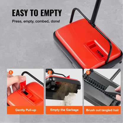 Carpet Sweeper Manual, Floor Sweeper with 300 ml Dustbin Capacity Easy to Empty, 6.7 inch Cleaning Width for Home Office Carpets Pet Hair Dust, Red
