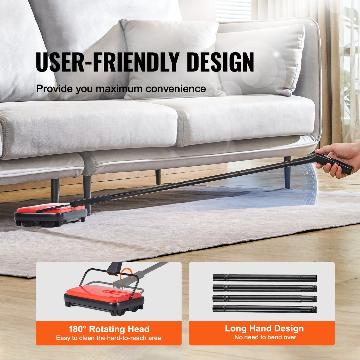 Carpet Sweeper Manual, Floor Sweeper with 300 ml Dustbin Capacity Easy to Empty, 6.7 inch Cleaning Width for Home Office Carpets Pet Hair Dust, Red