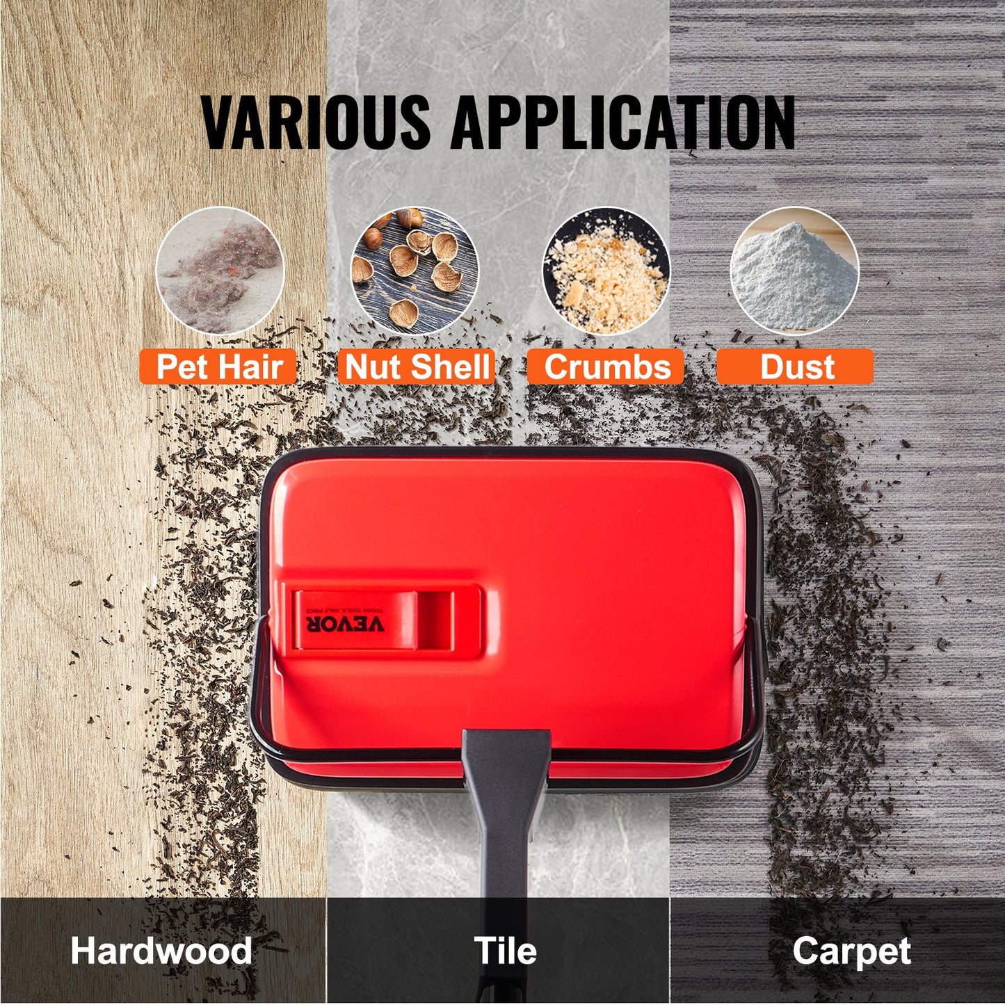 Carpet Sweeper Manual, Floor Sweeper with 300 ml Dustbin Capacity Easy to Empty, 6.7 inch Cleaning Width for Home Office Carpets Pet Hair Dust, Red