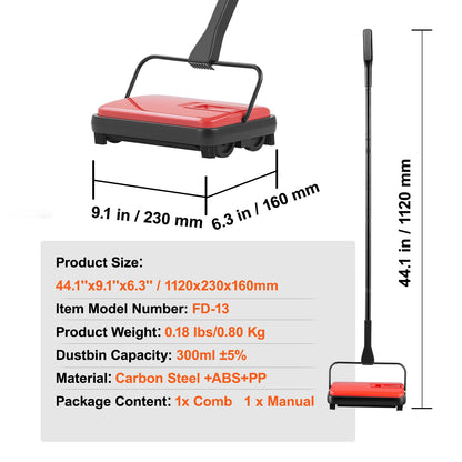 Carpet Sweeper Manual, Floor Sweeper with 300 ml Dustbin Capacity Easy to Empty, 6.7 inch Cleaning Width for Home Office Carpets Pet Hair Dust, Red