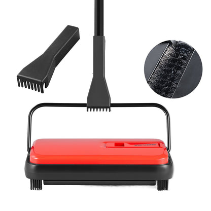 Carpet Sweeper Manual, Floor Sweeper with 300 ml Dustbin Capacity Easy to Empty, 6.7 inch Cleaning Width for Home Office Carpets Pet Hair Dust, Red