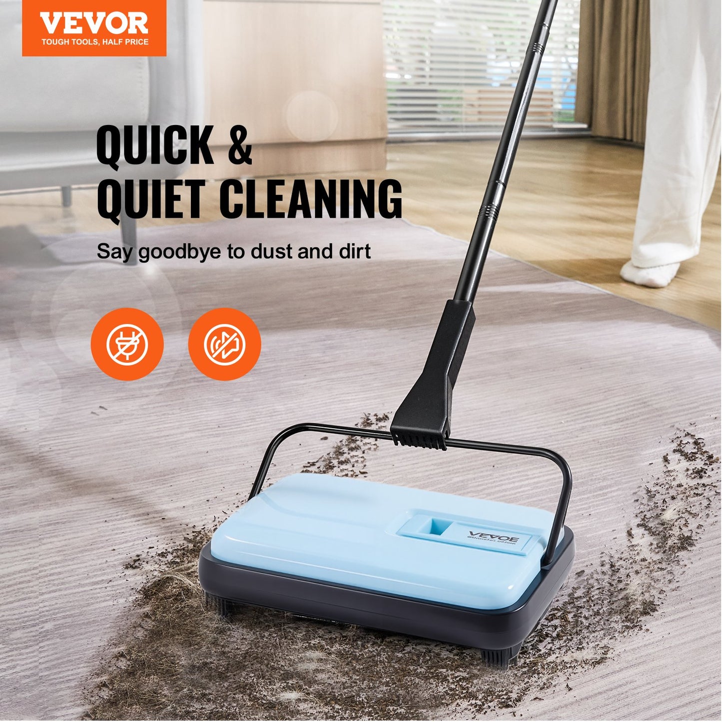 Carpet Sweeper Manual, Floor Sweeper with 300 ml Dustbin Capacity Easy to Empty, 6.7 inch Cleaning Width for Home Office Carpets Pet Hair Dust, Blue