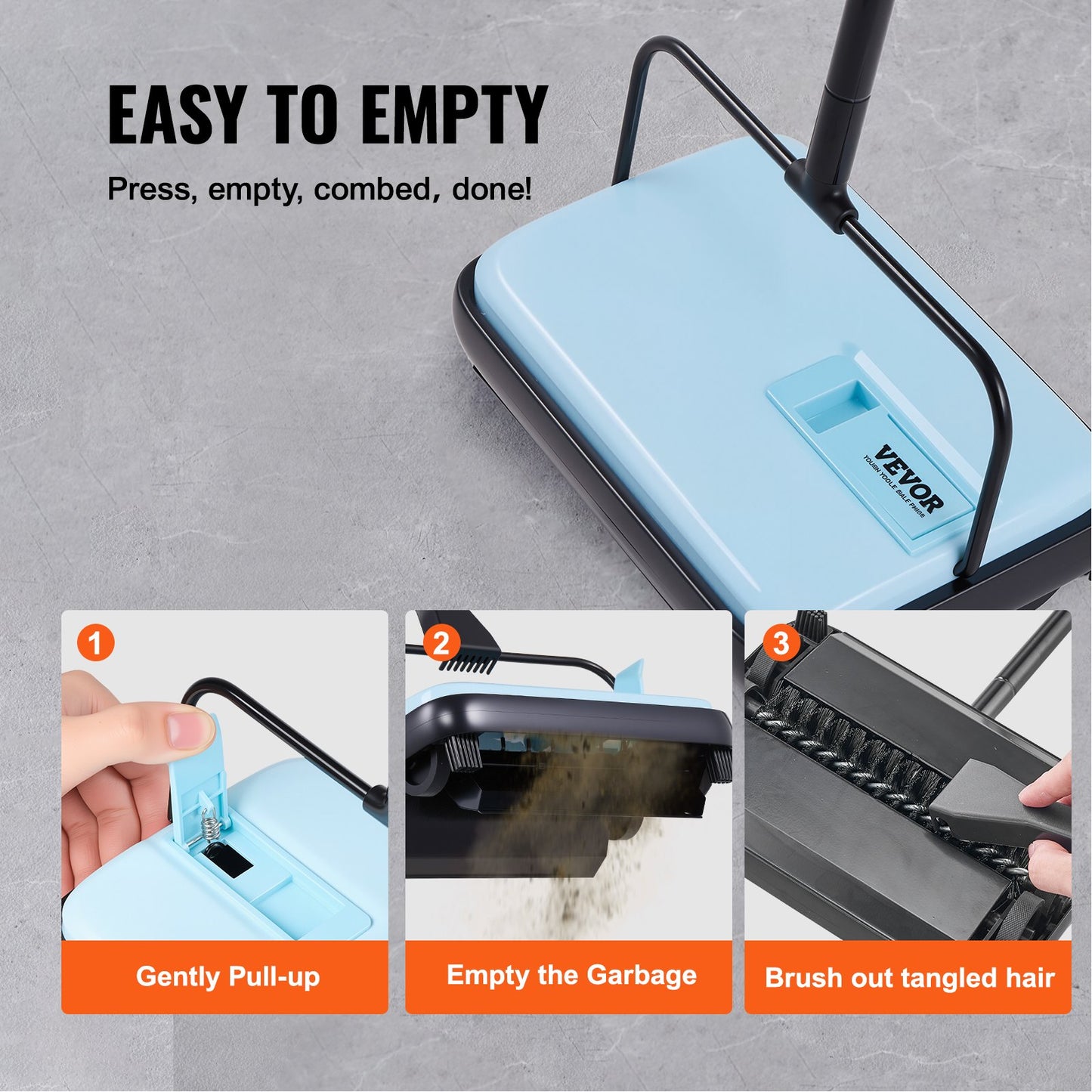 Carpet Sweeper Manual, Floor Sweeper with 300 ml Dustbin Capacity Easy to Empty, 6.7 inch Cleaning Width for Home Office Carpets Pet Hair Dust, Blue