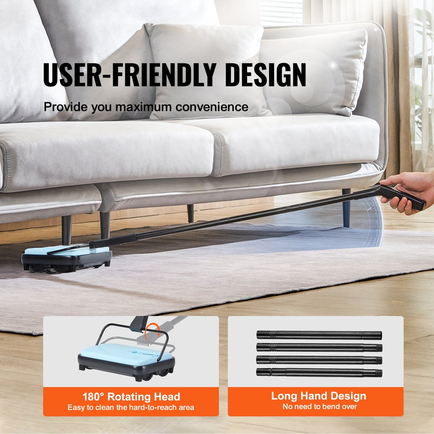 Carpet Sweeper Manual, Floor Sweeper with 300 ml Dustbin Capacity Easy to Empty, 6.7 inch Cleaning Width for Home Office Carpets Pet Hair Dust, Blue