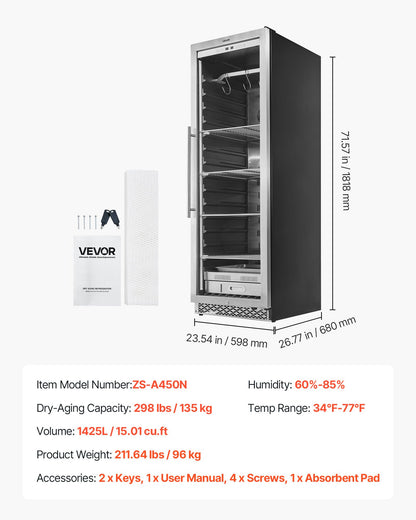 298 LBS Dry Aging Fridge for Steaks, Dry Ager Refrigerator for Meat with Precise Temperature & Humidity Control, Freestanding & Built-in Beef Aging Machine for Home Kitchen Restaurant Hotel