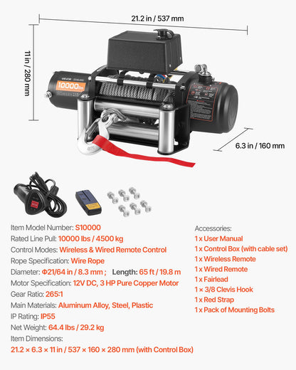 Electric Winch, 10000 lbs Load Capacity, 12V DC Truck Winch with Φ21/64 in x 65 ft Steel Rope, Wireless & Wired Remote Control, IP55 Waterproof for Towing SUV Jeep Trailer Boat Off-Road Vehicle