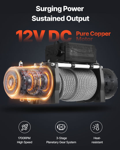 Electric Winch, 12000 lbs Load Capacity, 12V DC Truck Winch with Φ0.36 in x 80 ft Steel Rope, Wireless & Wired Remote Control, IP55 Waterproof for Towing SUV Jeep Trailer Boat Off-Road Vehicle