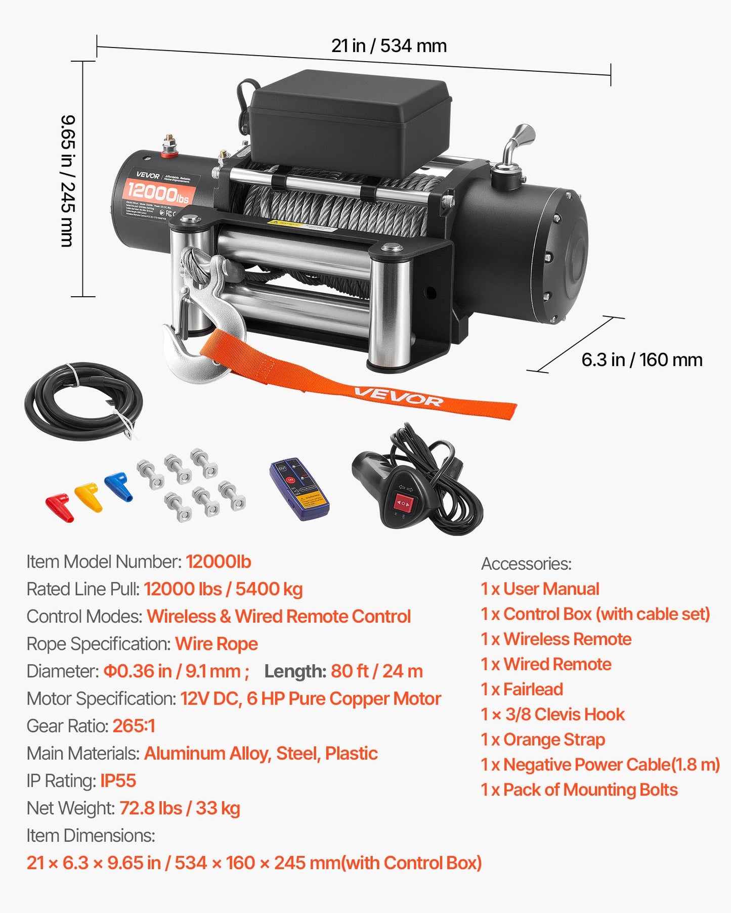 Electric Winch, 12000 lbs Load Capacity, 12V DC Truck Winch with Φ0.36 in x 80 ft Steel Rope, Wireless & Wired Remote Control, IP55 Waterproof for Towing SUV Jeep Trailer Boat Off-Road Vehicle