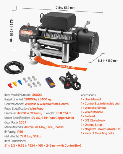 Electric Winch, 12000 lbs Load Capacity, 12V DC Truck Winch with Φ0.36 in x 80 ft Steel Rope, Wireless & Wired Remote Control, IP55 Waterproof for Towing SUV Jeep Trailer Boat Off-Road Vehicle