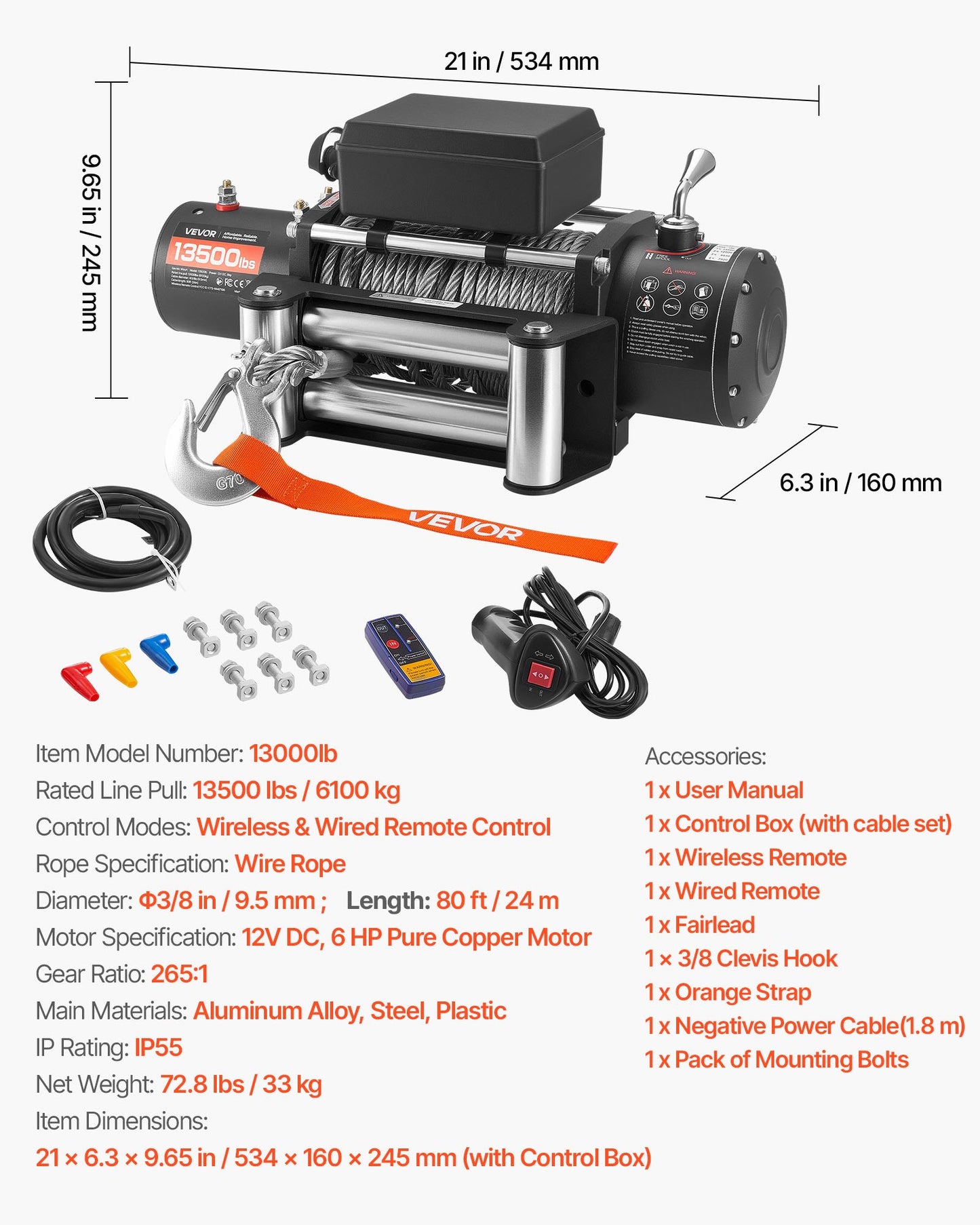 Electric Winch, 13500 lbs Load Capacity, 12V DC Truck Winch with Φ3/8 in x 80 ft Steel Rope, Wireless & Wired Remote Control, IP55 Waterproof for Towing SUV Jeep Trailer Boat Off-Road Vehicle