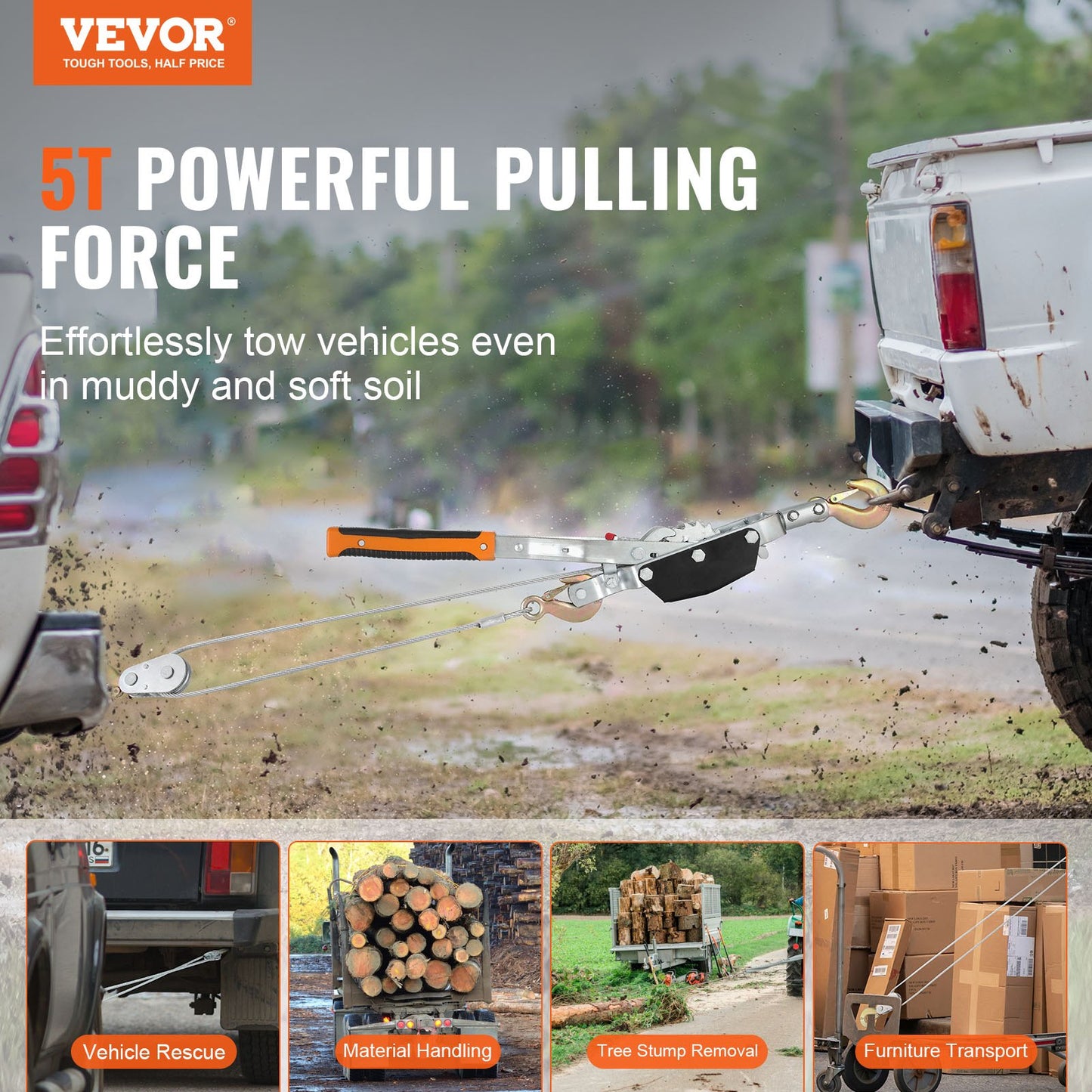 Come Along Winch, 5 Ton (11,023 lbs) Pulling Capacity, 11.5 ft Steel Cable, 3 Hooks, Powerful Dual Gear Ratchet Tool, Vehicle Lift Cable Puller Ideal for Vehicle Recovery