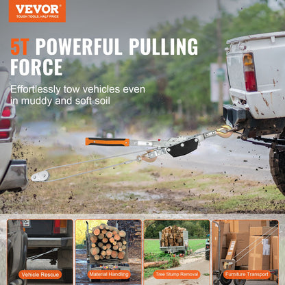 Come Along Winch, 5 Ton (11,023 lbs) Pulling Capacity, 11.5 ft Steel Cable, 3 Hooks, Powerful Dual Gear Ratchet Tool, Vehicle Lift Cable Puller Ideal for Vehicle Recovery