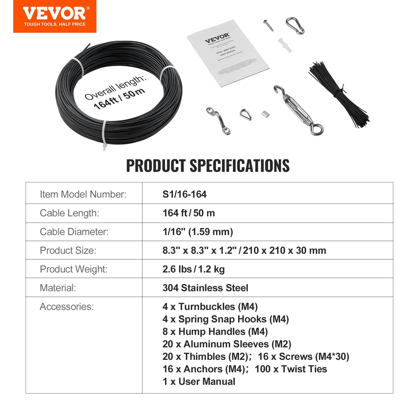 Vinyl Coated Wire Kit, 3/32 Cable Through 1/16 Diameter Stainless Steel, 7x7 Wire Construction with 189 Accessories for String Lights, Clotheslines, Vines, 164 Feet Black