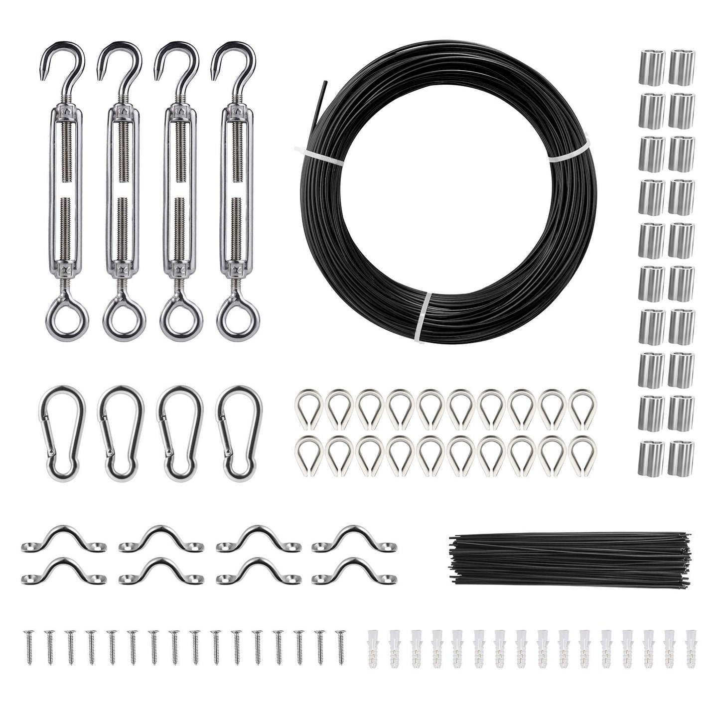 Vinyl Coated Wire Kit, 3/32 Cable Through 1/16 Diameter Stainless Steel, 7x7 Wire Construction with 189 Accessories for String Lights, Clotheslines, Vines, 164 Feet Black