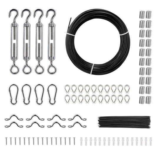 Vinyl Coated Wire Kit, 3/32 Cable Through 1/16 Diameter Stainless Steel, 7x7 Wire Construction with 189 Accessories for String Lights, Clotheslines, Vines, 164 Feet Black